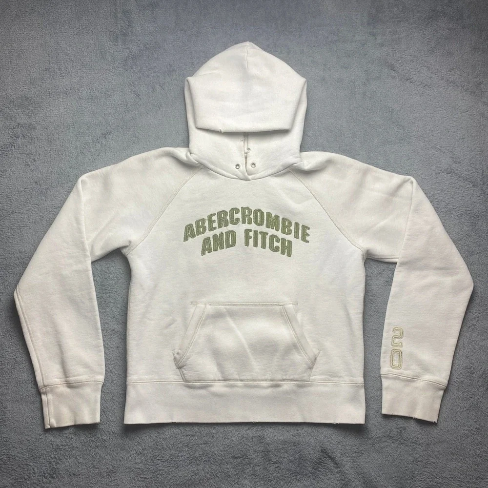 Abercrombie and Fitch Hoodie Womens Large Vintage White Green Logo Spellout - Picture 1 of 6